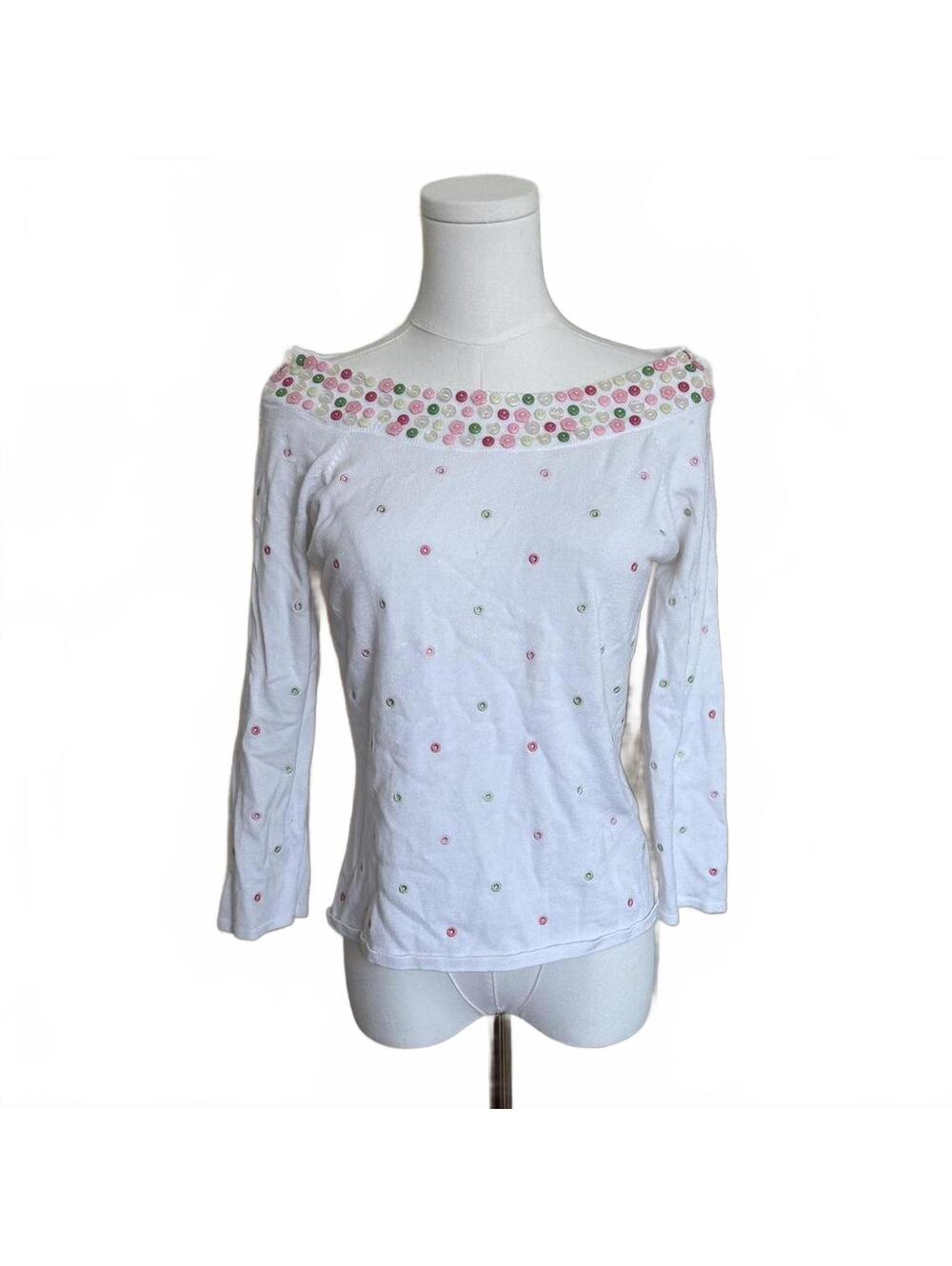 SOLD 90s boatneck knit 3/4 sleeve top with button details Sz. M